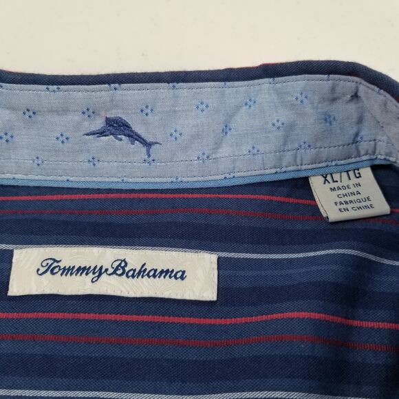 Tommy Bahama Blue Red Striped Men's Button Down Shirt Silk Blend Excellent XL - Picture 6 of 6